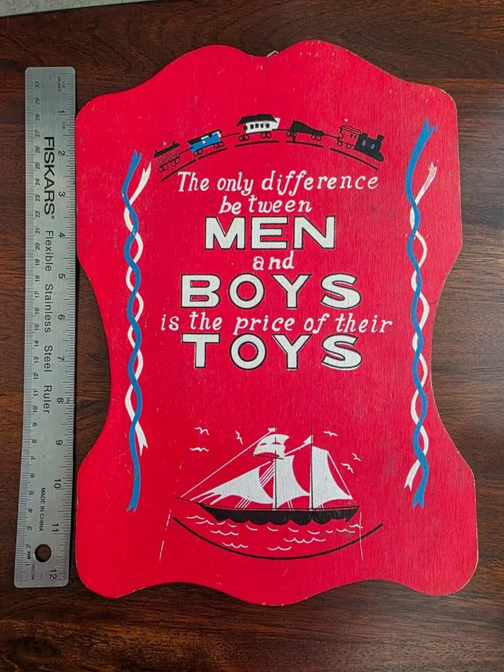 Vintage 1970s Men Boys Toys Wood Sign Plaque Man Cave Retro Kitsch Decor